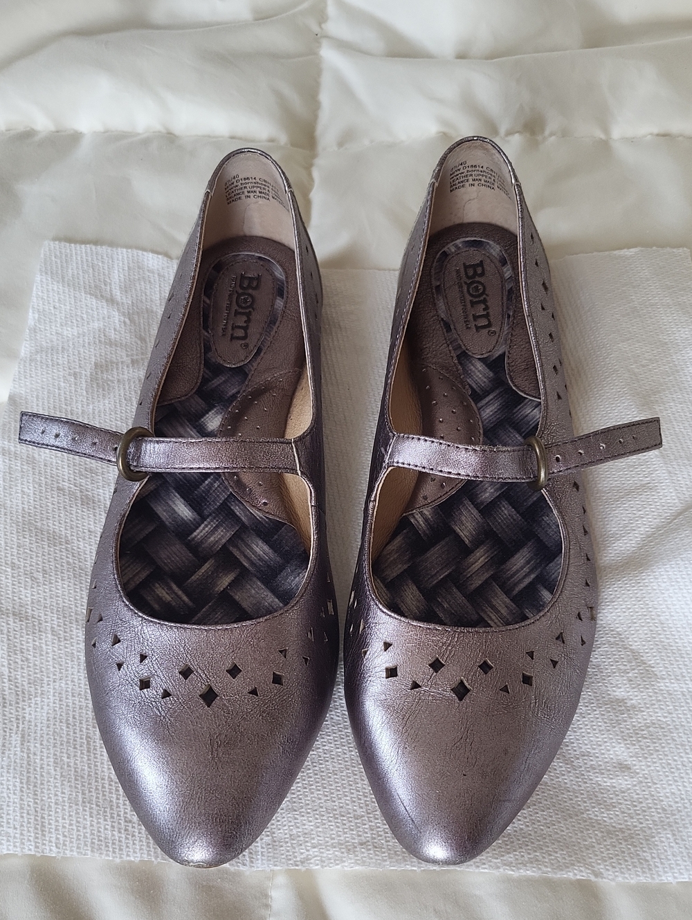 Born Metallic Pewter Mary Jane Flats with Buckle Strap, 8.5/40